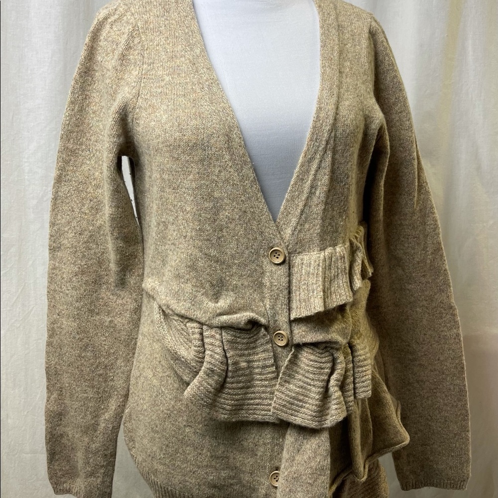 Anthropologie Moth Beige Ruffle Wool Cardigan Sweater L